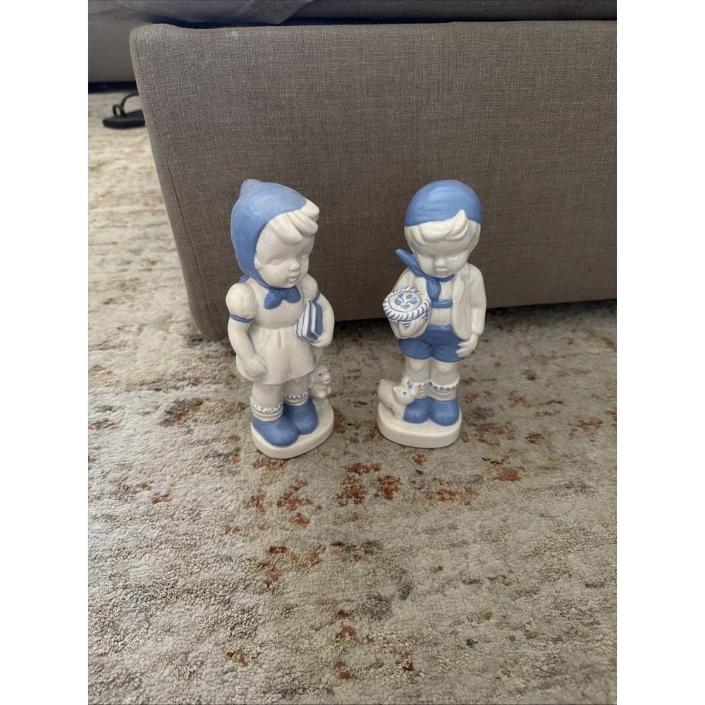 Vtg Blue & White 8"Dutch Girl School And Boy "Evelyn" Figurine 2 Piece Set